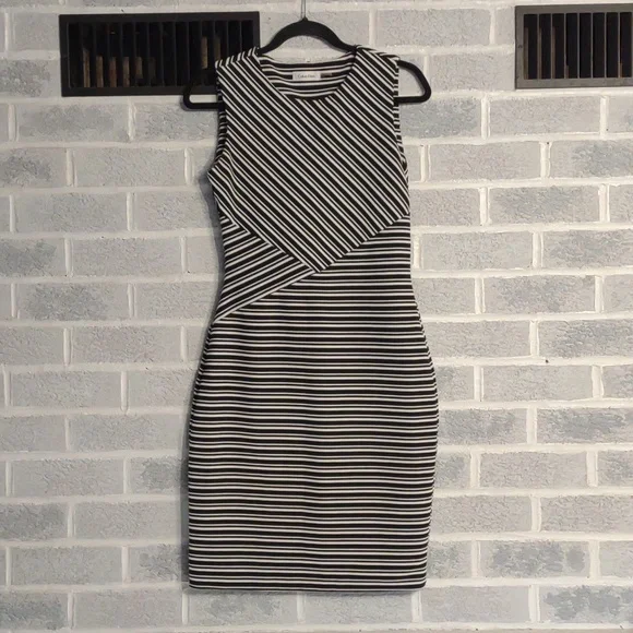 calvin klein black and white striped dress Long Black Corset Prom Dress with Notched Neckline– PromGirl